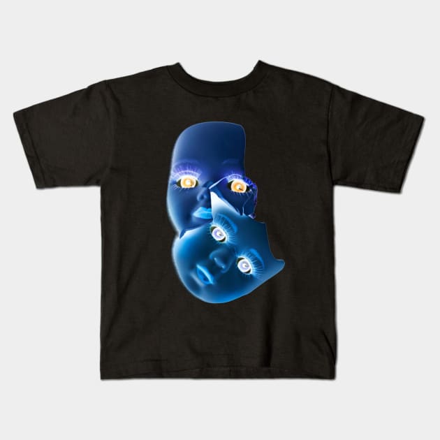 Freaky Halloween Broken Doll Zombie Blue Faces Kids T-Shirt by Squeeb Creative